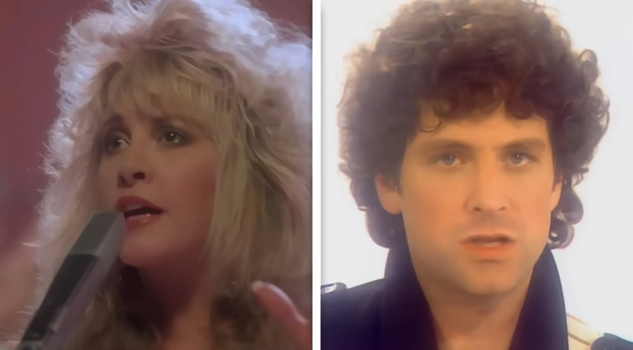 Stevie Nicks singing into a microphone and Lindsey Buckingham performing with curly hair in a music video.