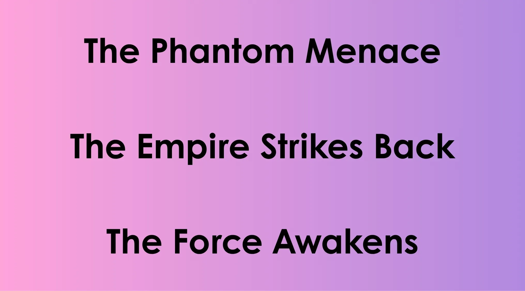 Movie franchise quiz with titles The Phantom Menace, The Empire Strikes Back, and The Force Awakens on purple gradient background.