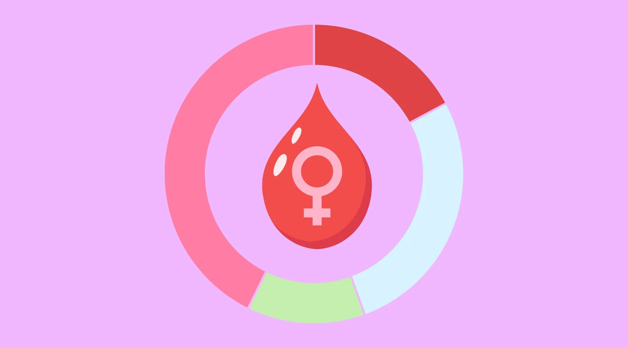 Menstrual cycle illustration with colorful segmented ring and female symbol blood drop on light purple background.