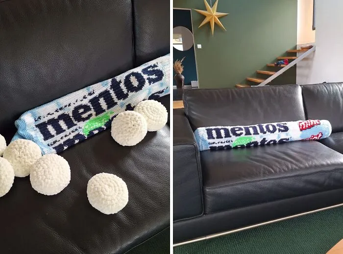 Hice una almohada gigante en forma de rollo de Mentos, rellena con 14 Mentos individuales, como los de verdad, y este podría ser uno de mis proyectos favoritos.