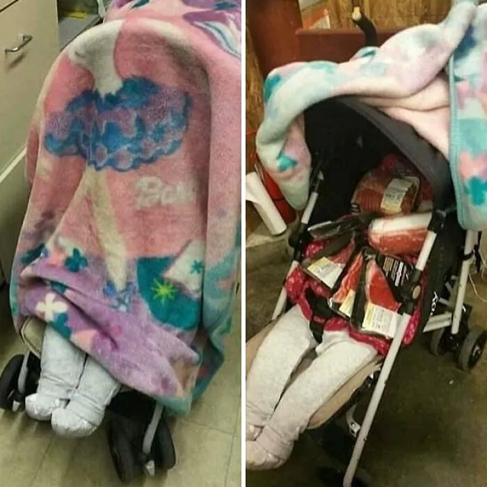 Un empleado de supermercado, sospechando, encontró esto en un cochecito de bebé.