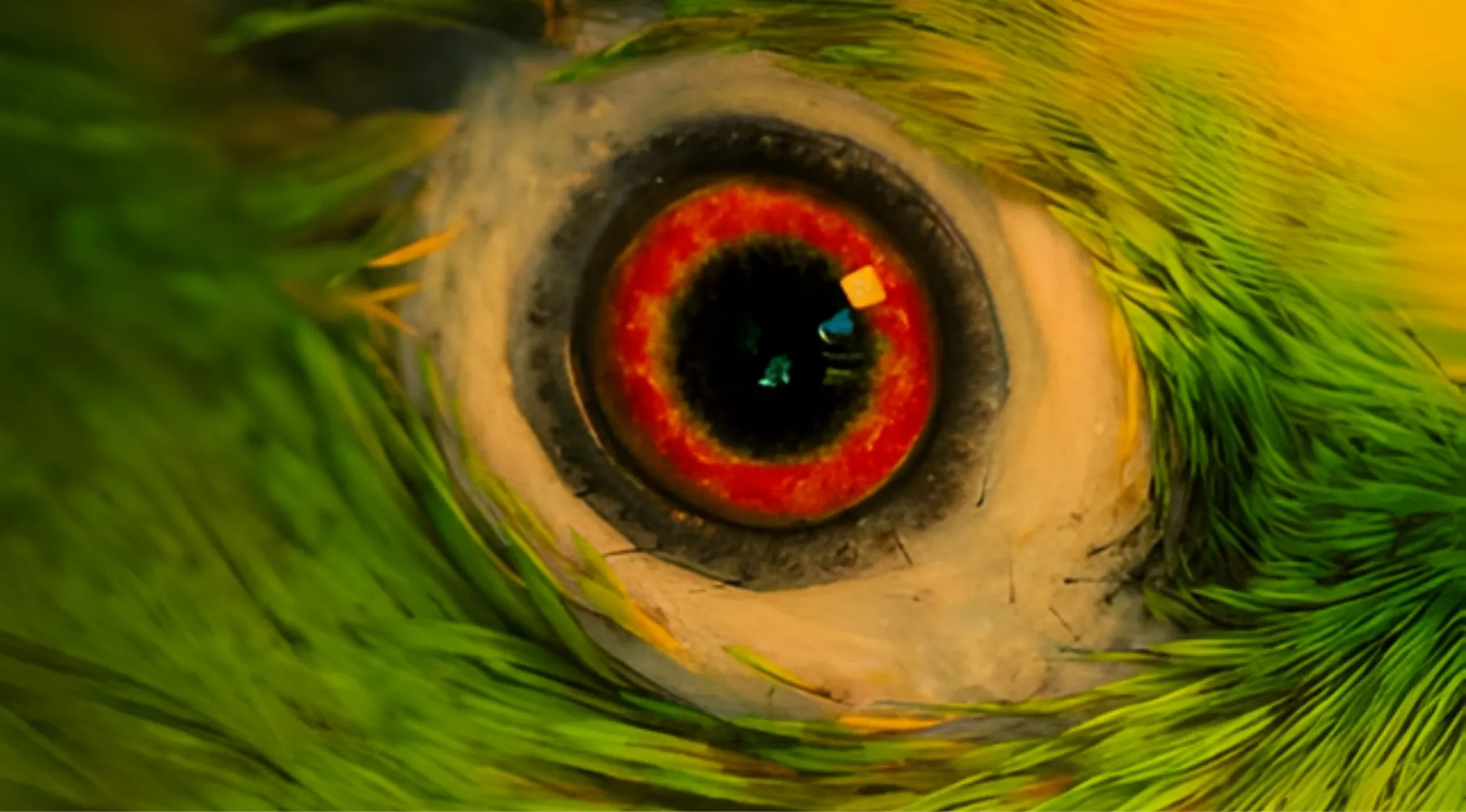 Close-up of a bird's eye with a vivid red iris and dark pupil, surrounded by green and yellow feathers. Identify animals by their eyes.