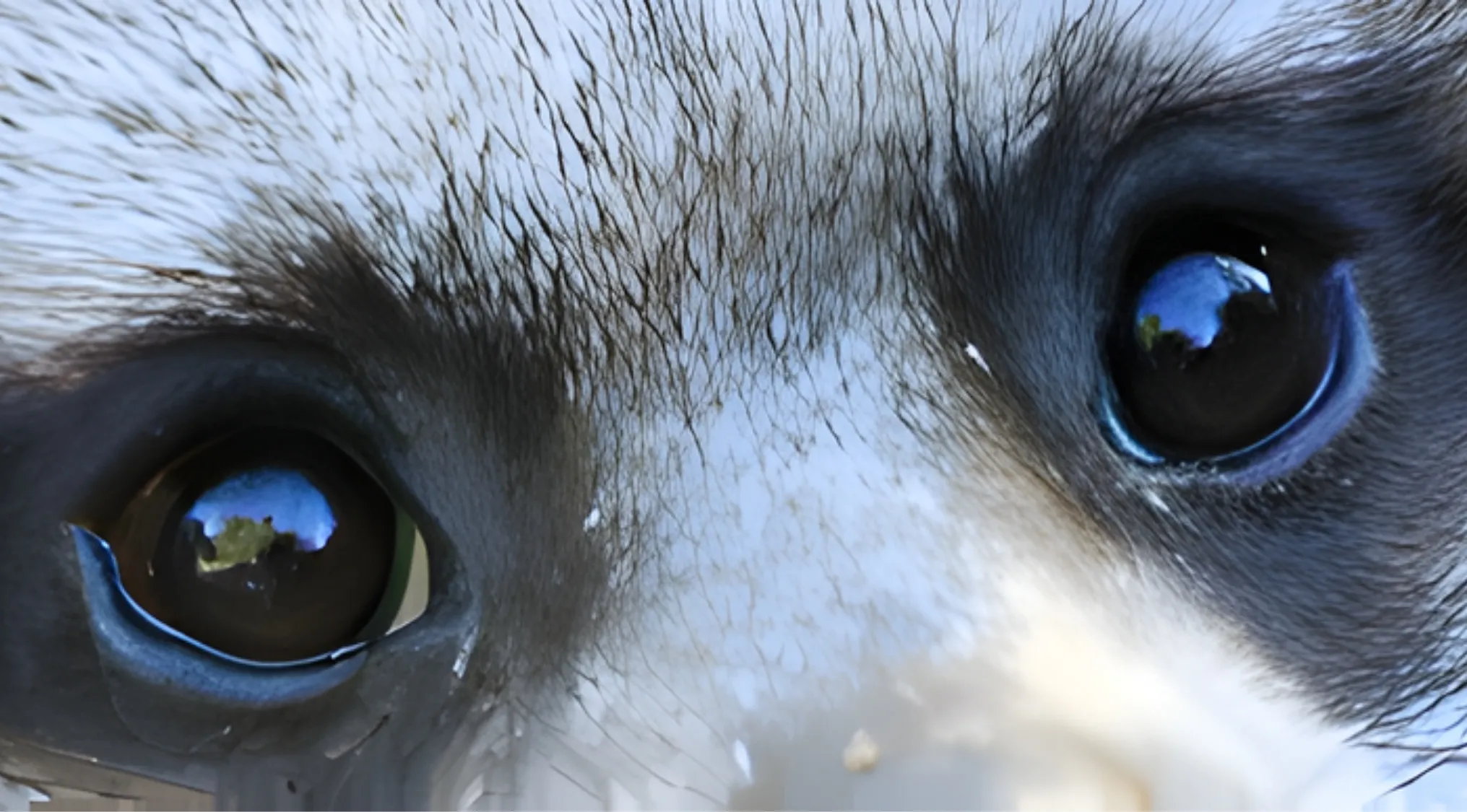 Close-up of a furry animal's dark eyes, reflecting blue sky and trees. Identify animals by their eyes.