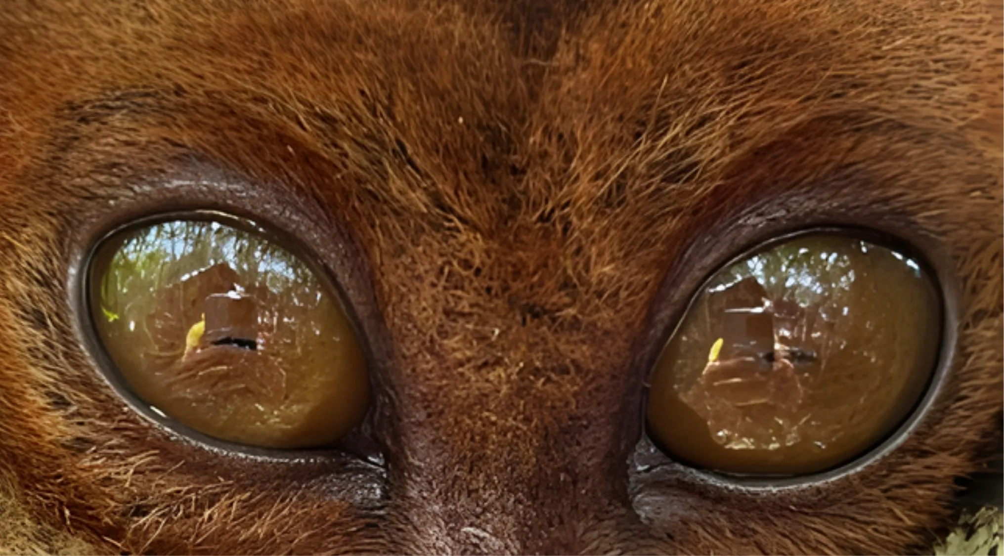 Close-up of a tarsier's large, reflective eyes, surrounded by brown fur. Can you identify animals by their eyes?