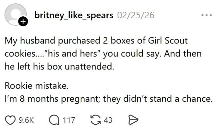 Marriage humor post about husband and Girl Scout cookies