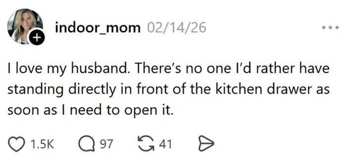 Humorous marriage social media post about kitchen drawer habits