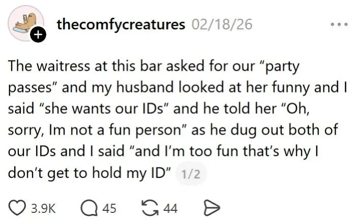 Funny married life story about party IDs shared on social media