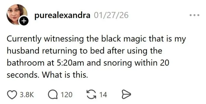 Married life post joking about husband's quick return to sleep after bathroom trip