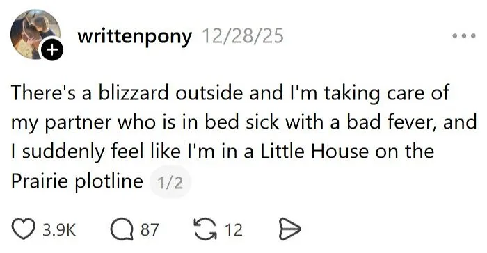 Humorous married life post about caring for sick partner during blizzard