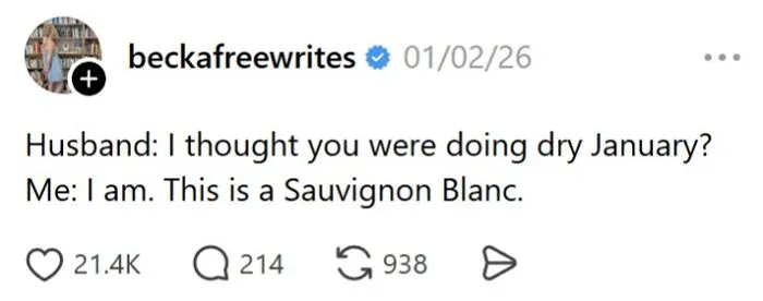 Funny married life social media post about dry January and drinking Sauvignon Blanc