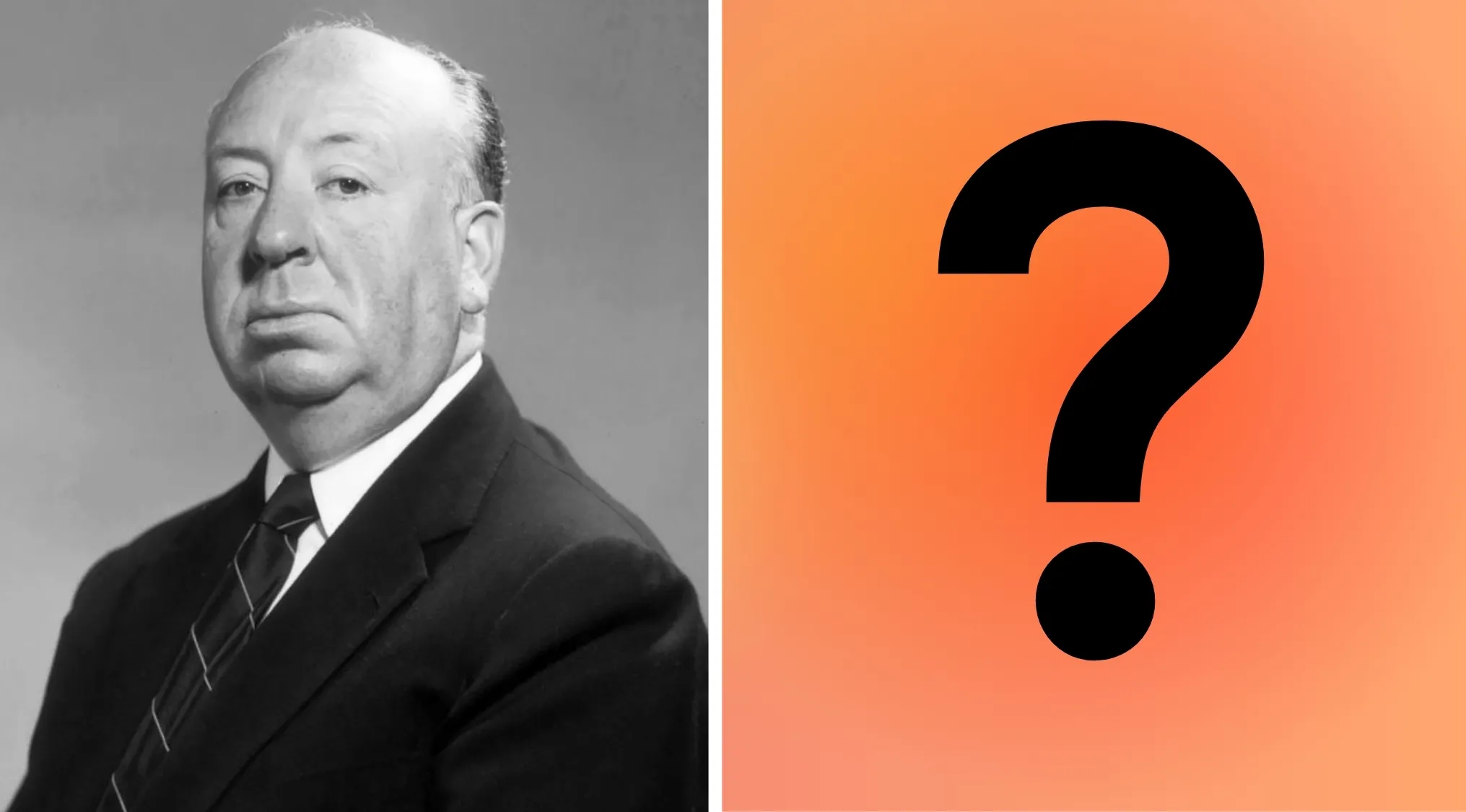 Black and white image of Alfred Hitchcock next to a question mark on an orange background for Horror Movie Trivia.
