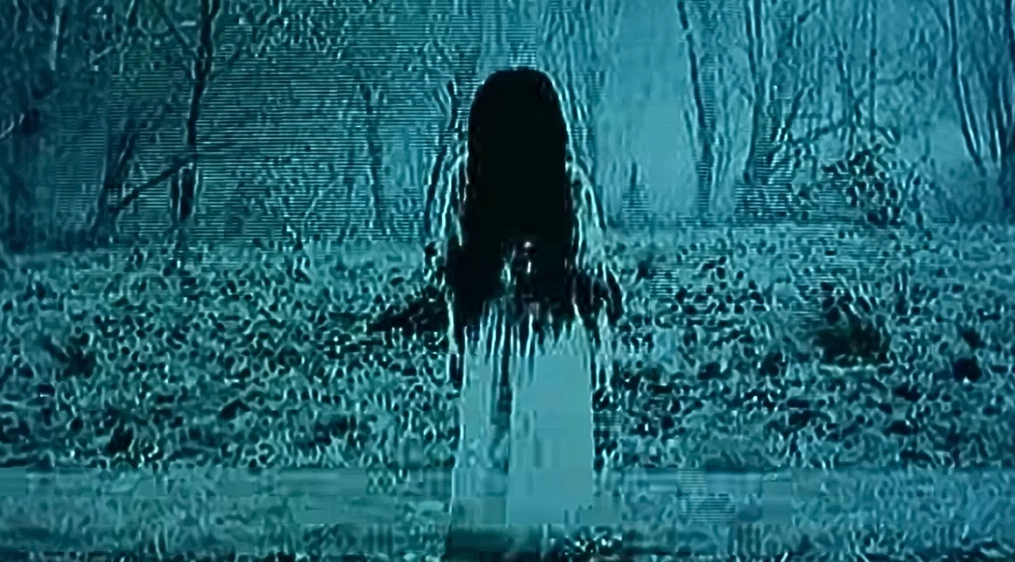 A pixelated, blurry image of Samara from The Ring, a horror movie trivia icon, standing in a forest.