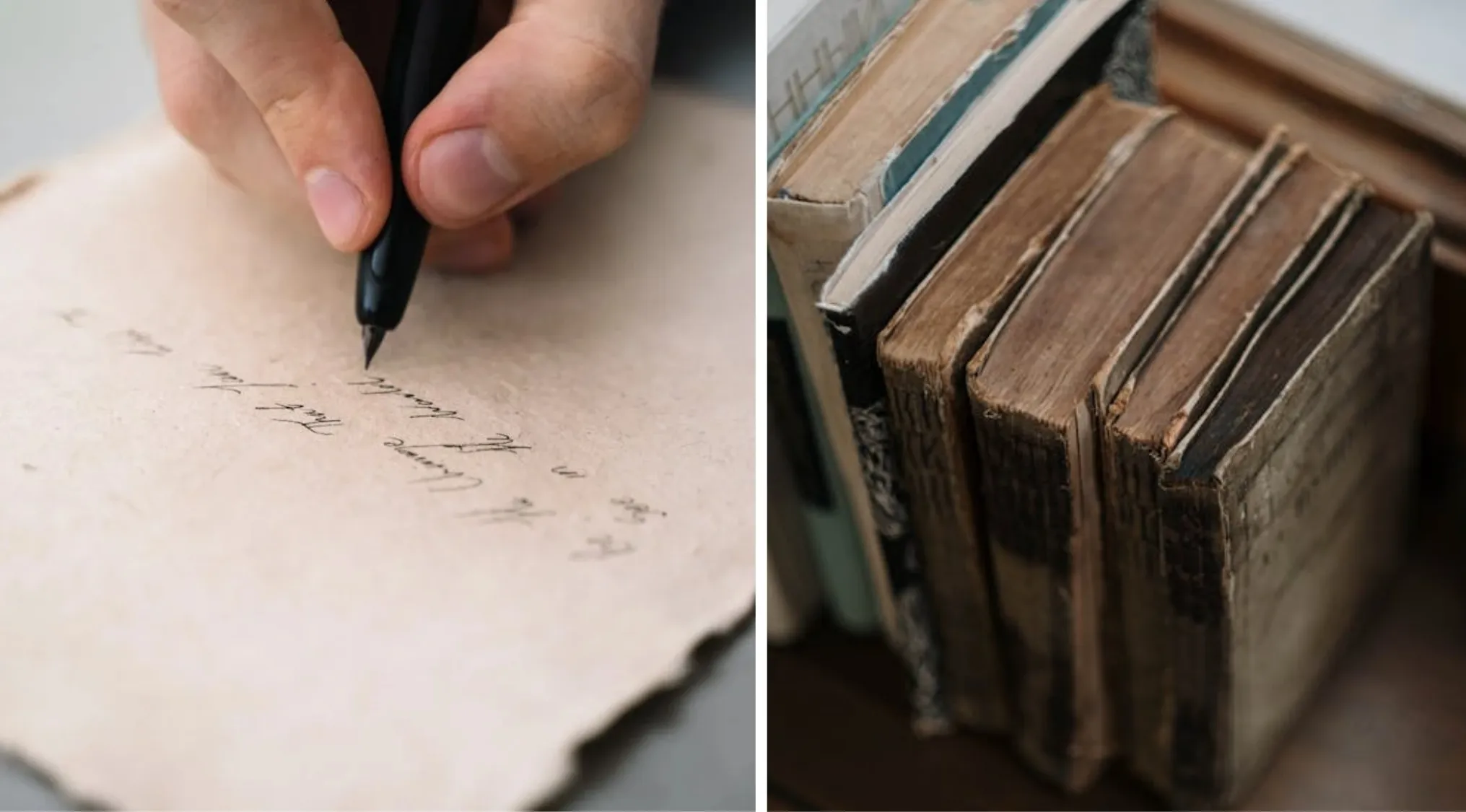 Two images. Left: a hand writing with a pen on aged paper. Right: a stack of old, worn books. Guess The Word.