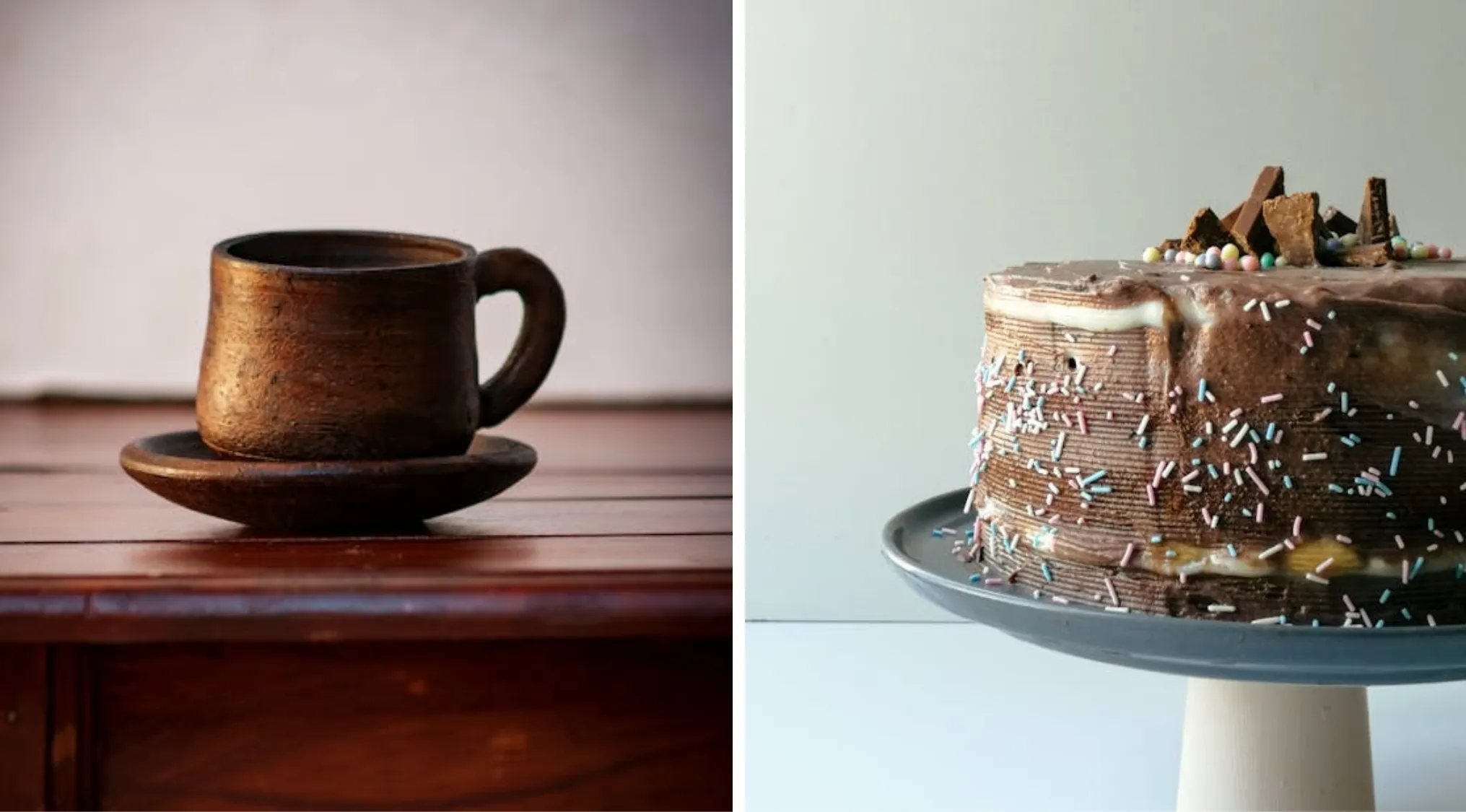 Guess The Word from 2 images: a dark brown coffee cup and saucer, and a chocolate cake with sprinkles.