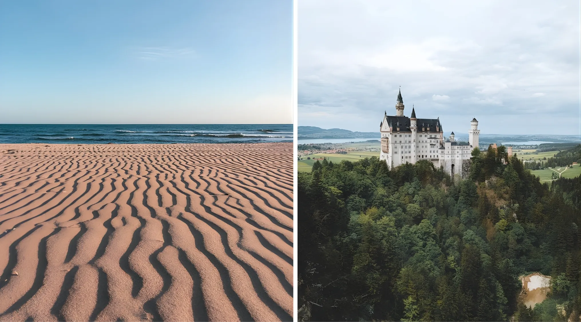 Guess the word from two images: a sandy beach with ocean waves and a majestic castle on a hill.