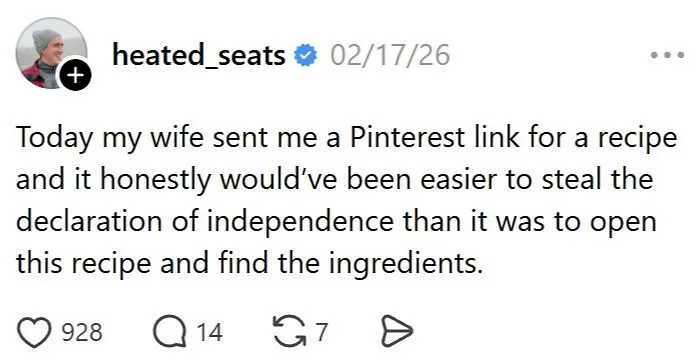 Funny married couple story about complicating a Pinterest recipe