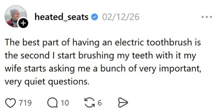 Humorous post about electric toothbrush and wife's quiet questions