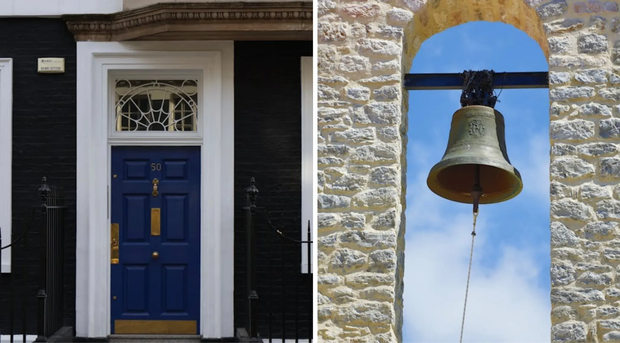 Guess the word from two images: a blue door with number 50 and a large bronze bell.