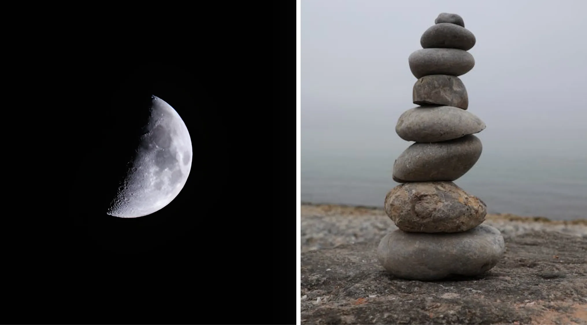 Guess the word from 2 images: A half moon and stacked rocks. Identify the word from these pictures.