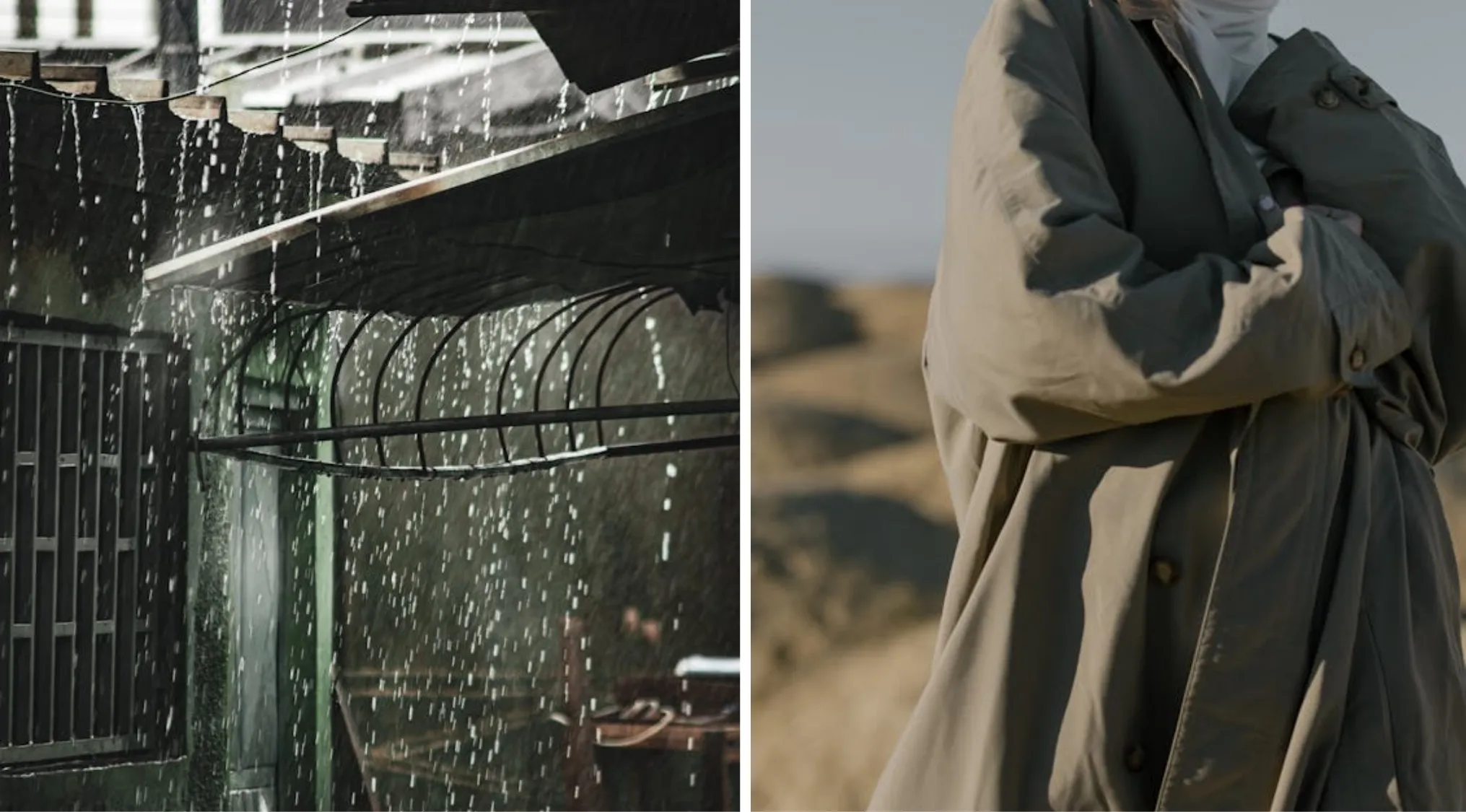 Two images: one of rain falling from a roof, and another of a person wearing a trench coat. Guess The Word from these two clues.