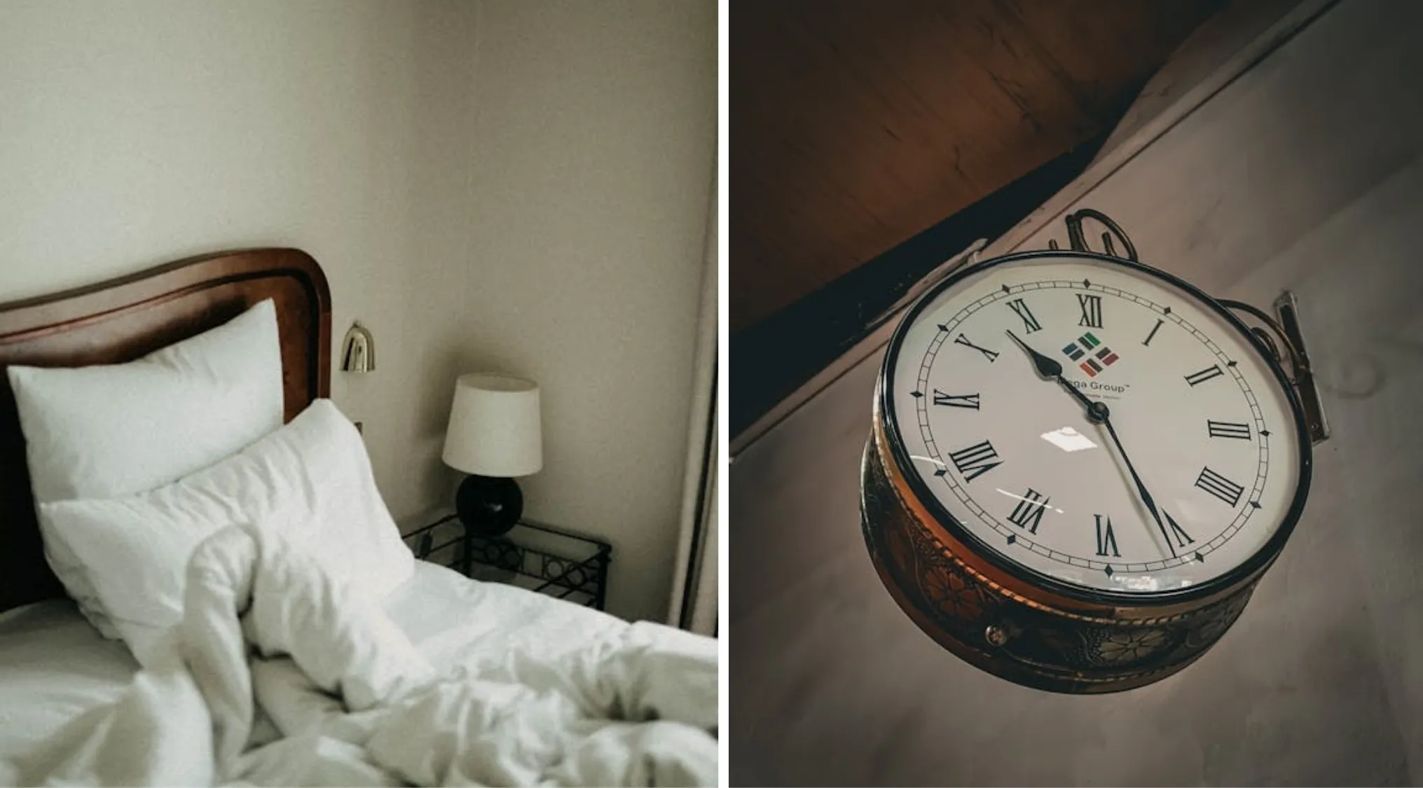 Guess The Word: A comfy bed with white pillows next to a bedside lamp, and a classic hanging clock with Roman numerals.