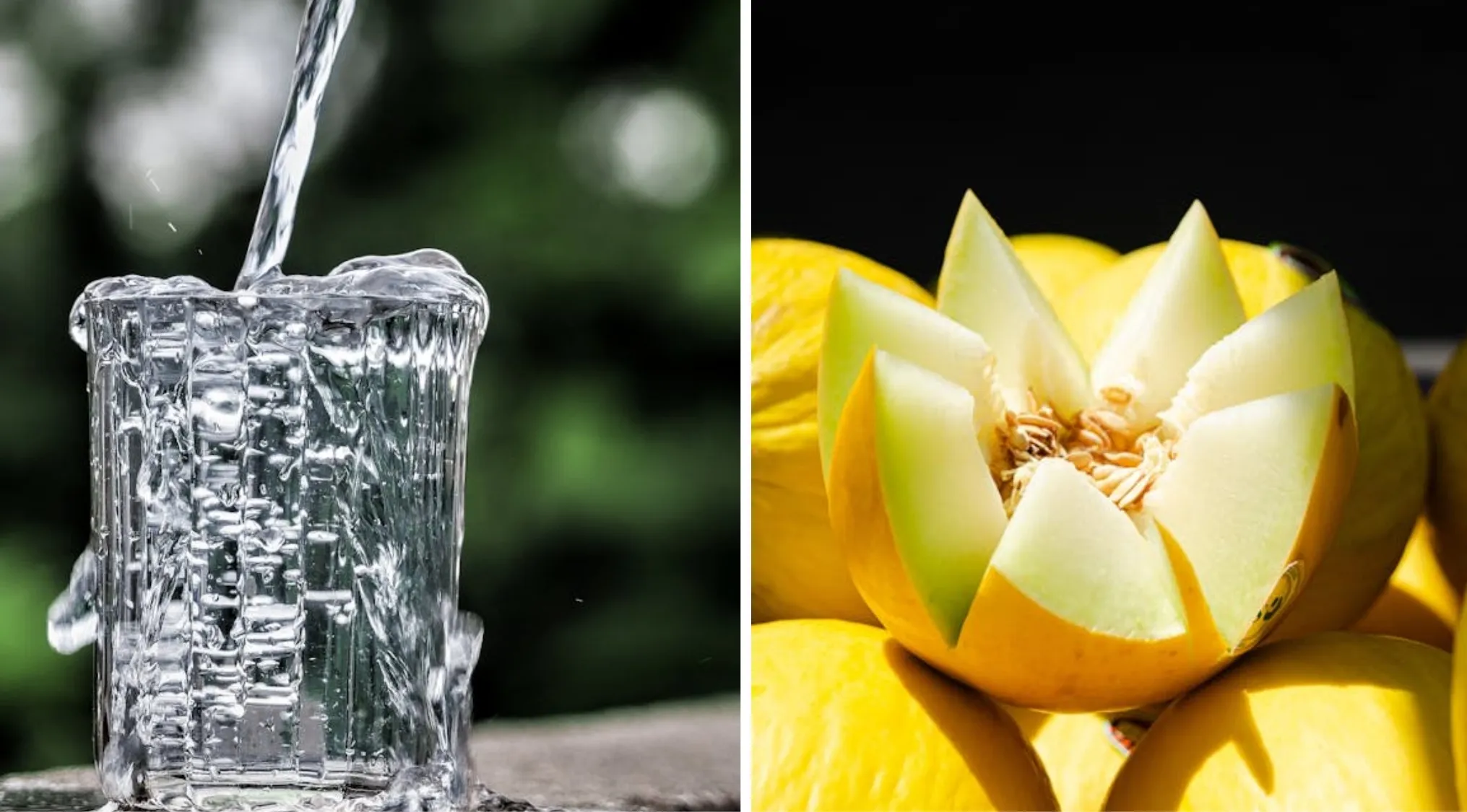 A refreshing image showing water pouring into a glass and a fresh cut yellow melon. Guess the word game.