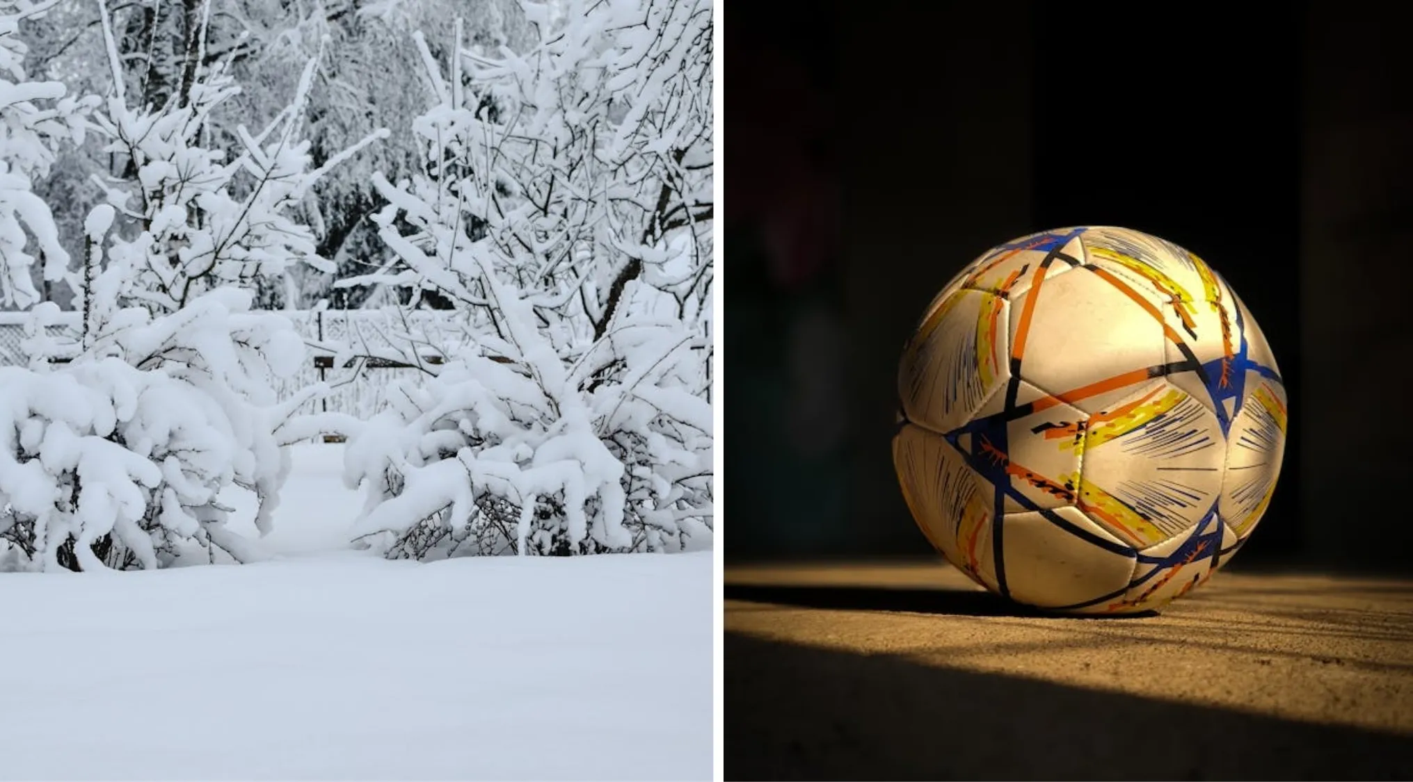 A split image. Left: snow-covered bushes and ground. Right: a soccer ball with colorful patterns, lit from the side. Guess the word!