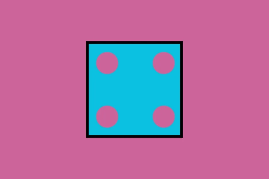 A blue square with four pink circles, one in each corner, against a pink background. This image shows folded paper before a hole is punched.