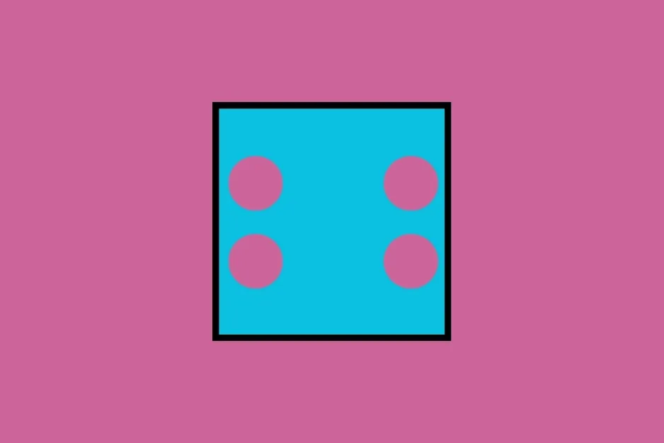 A blue square with four pink circles inside, centered on a pink background. This represents folded paper before a hole is punched.