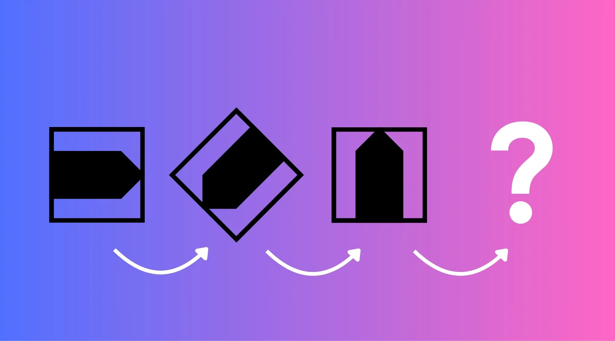 A Pattern Recognition Cognitive Test sequence showing three rotating black shapes within squares on a gradient background.