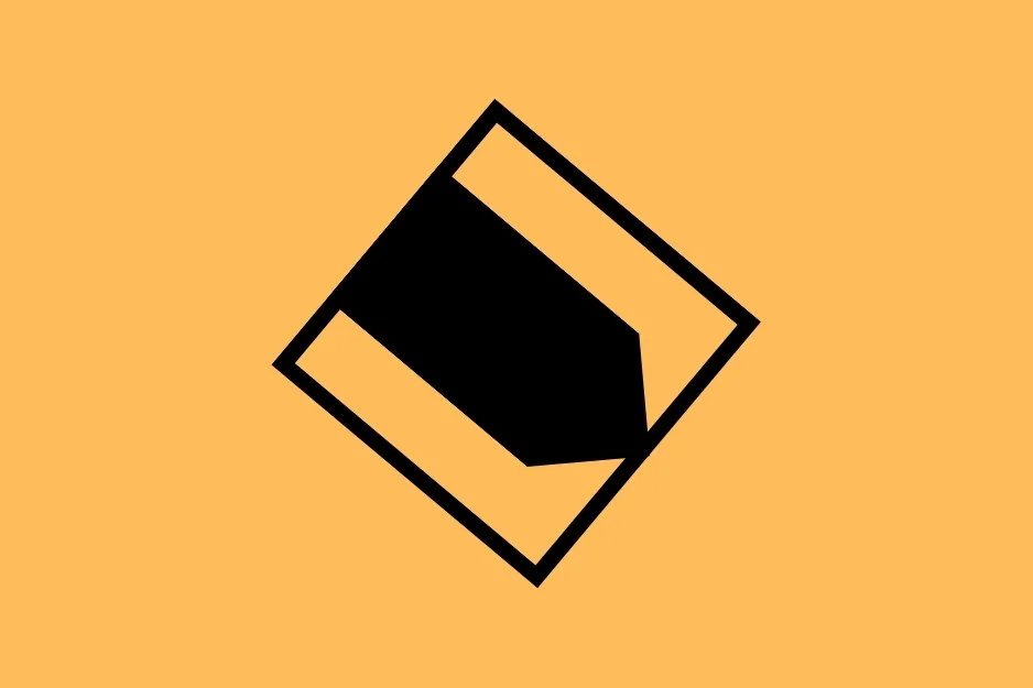 A black abstract shape within a black-outlined square on an orange background, exploring the next square in the sequence.