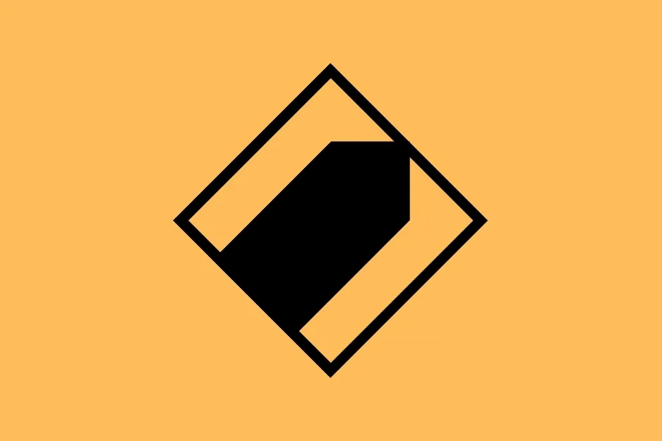 A black, abstract, square-like shape with a void in the middle, on an orange background, exploring the next square in the sequence.