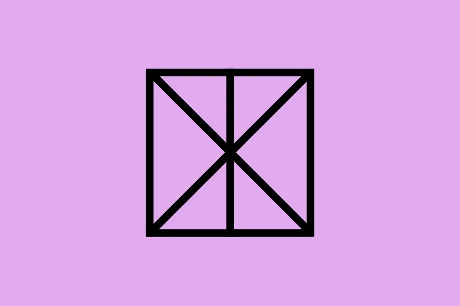 A black square divided by a vertical line, a horizontal line, and two diagonal lines on a light purple background. Find which shape does not belong.