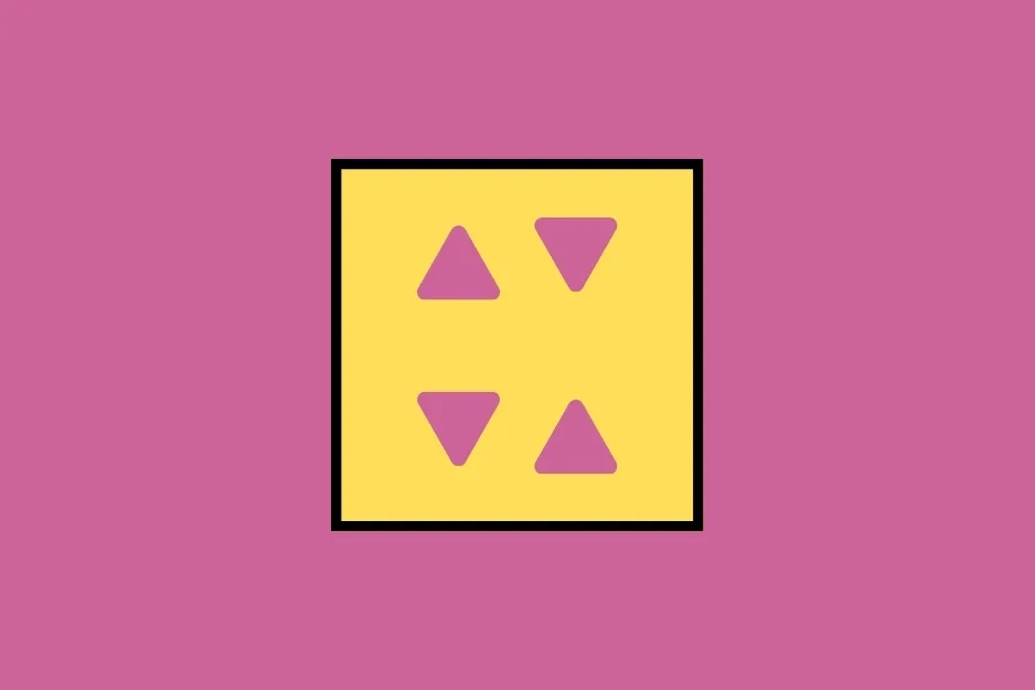 A yellow square with a black outline containing four small pink triangles, two pointing up and two pointing down, on a pink background. Paper folding puzzle.