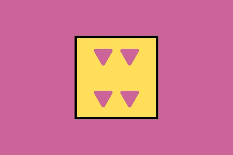 A yellow square on a pink background, with four small purple triangles pointing down within the square. This shows the paper unfolded.