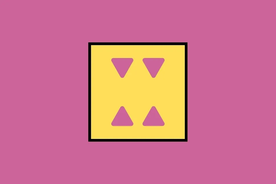 A yellow square on a pink background, featuring four purple triangular holes: two pointing down at the top, two pointing up at the bottom. The paper is folded before a hole is punched.