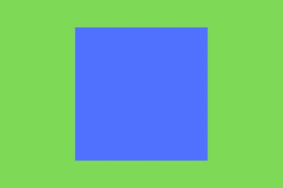 A vibrant blue rectangle centered on a bright green background. Which shape fills the empty space in the matrix?