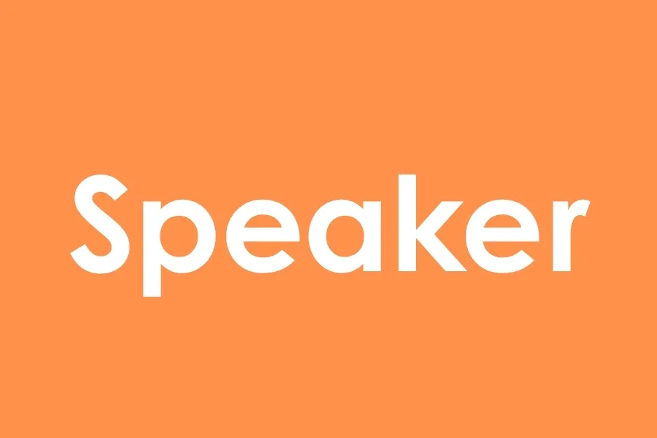 The word Speaker in white sans-serif font centered on a vibrant orange background. Complete the analogy.