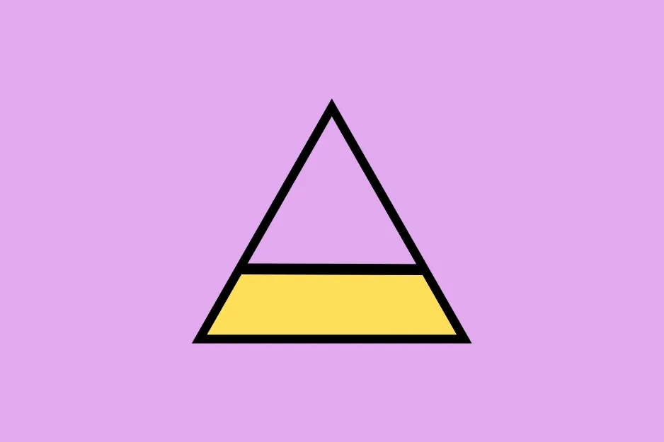 A pyramid-like shape on a light purple background, with the bottom section colored yellow. Which shape does not belong?