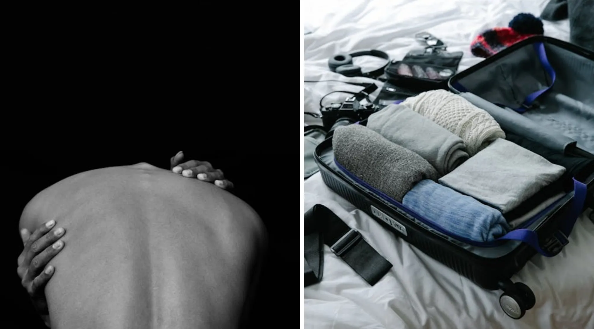 A person's bare back in black and white next to an orange cigarette pack and lighter. Guess The Word.