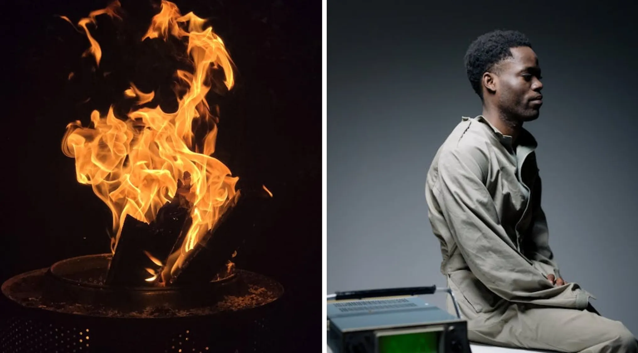 Guess the word from 2 images: A bonfire on the left, and a hand drawing a face on the right.