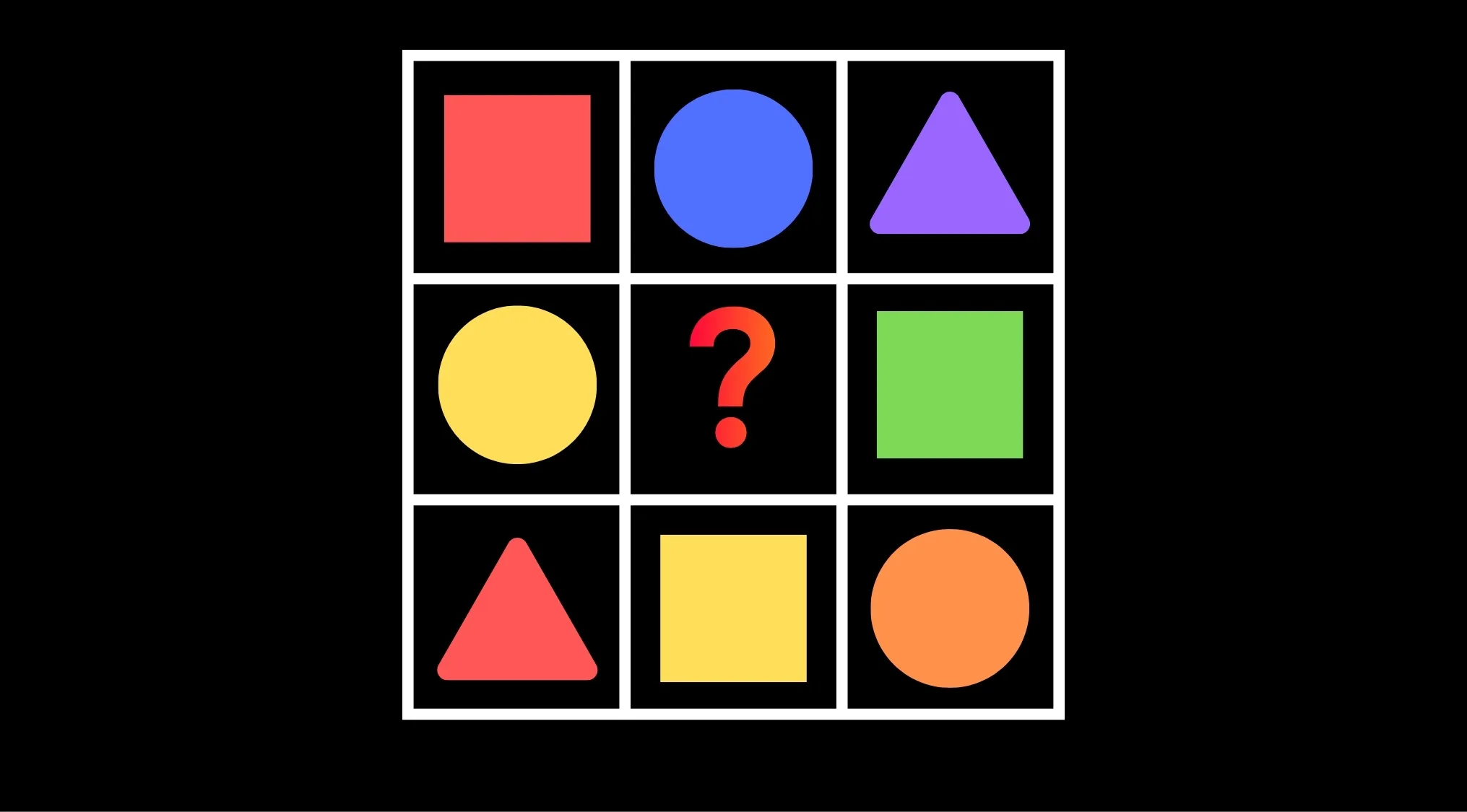 A cognitive test with a 3x3 grid of colorful shapes. The center square has a question mark for pattern recognition.