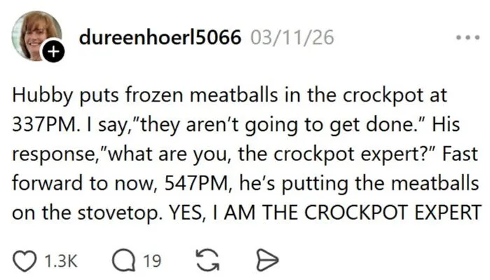 Funny married life story about frozen meatballs and crockpot expert mishap