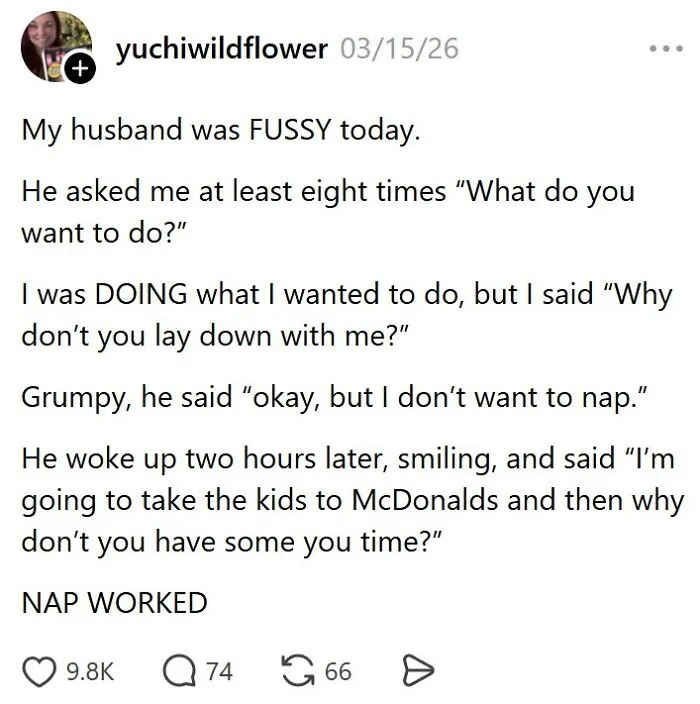 Funny married life story about a fussy husband and nap resolving the situation