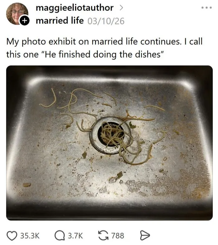 Humorous married life photo of dirty sink with leftover noodles showing husband's dishwashing