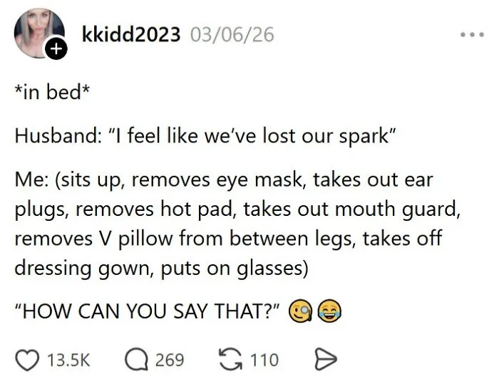 Funny married life social media post about lost spark in bed with humorous list of items removed