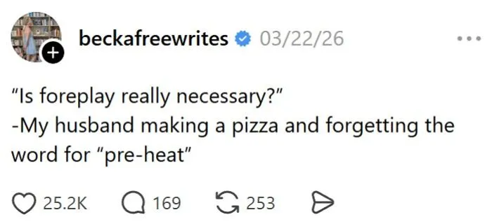 Wife's funny tweet on marriage about husband forgetting word pre-heat while making pizza