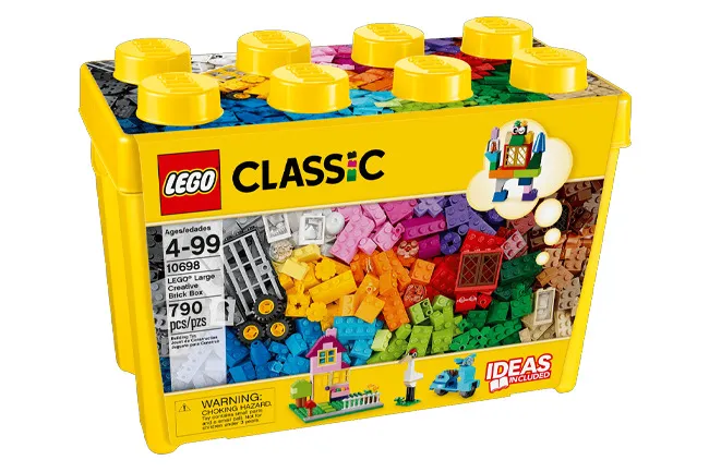 A bright yellow LEGO Set box, with Classic branding and a colorful assortment of bricks, inspiring creativity.