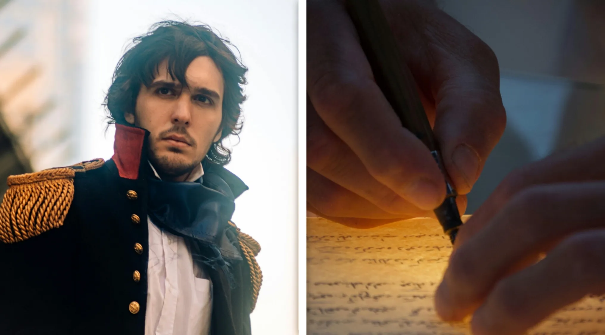 Win Trivia Night: A man in a historical costume and a hand writing with a quill. Questions about Les Misérables author.