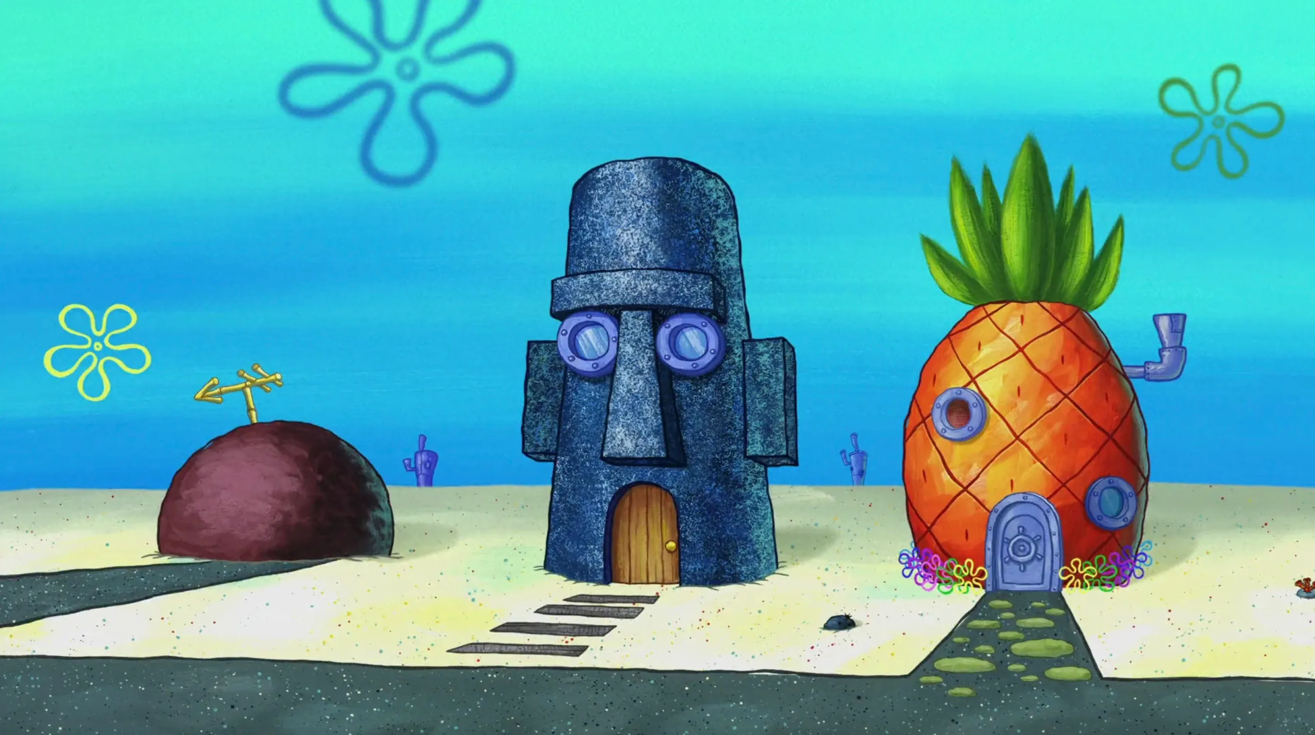 Underwater homes from the cartoon Spongebob, including a pineapple under the sea. Perfect for trivia night questions!
